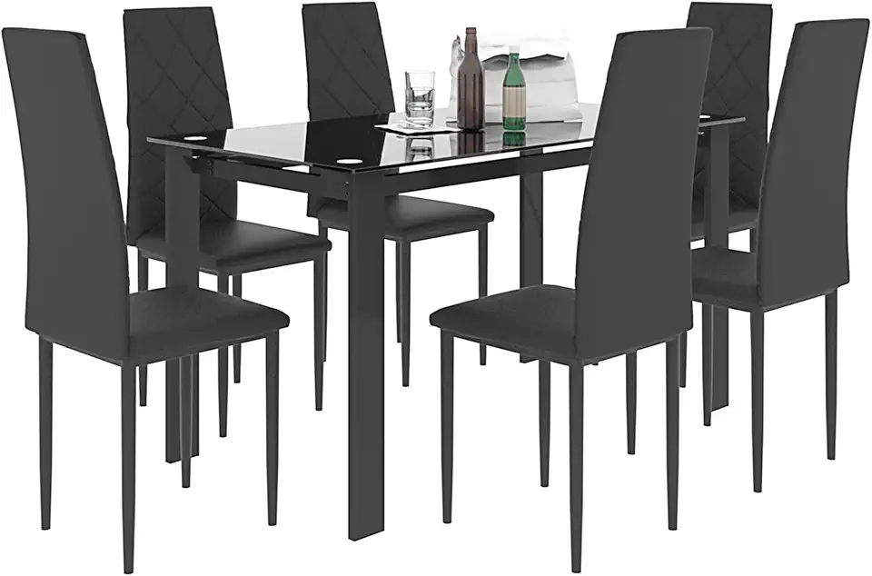 7-Piece Dining Table Chair Set 1 Glass Dining Table 6 PU Chair Ideal Compatible with Kitchen Dining Room,Table
