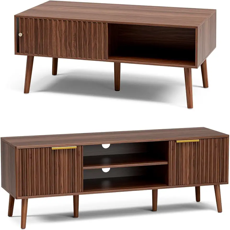 Fluted TV Stand & Coffee Table Set, Entertainment Center for TVs up to 65'', Dining Table with Sliding Panel for Living Room, Walnut