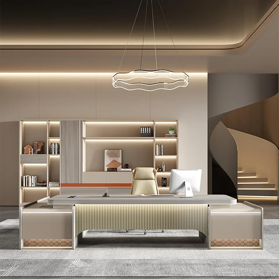 Modern Executive Desk with Lateral Cabinet, Large Computer Desk with Power Outlet and Drawer Cabinet Gaming Table with LED Light Workstation Drawers, Business Furniture for Home Office