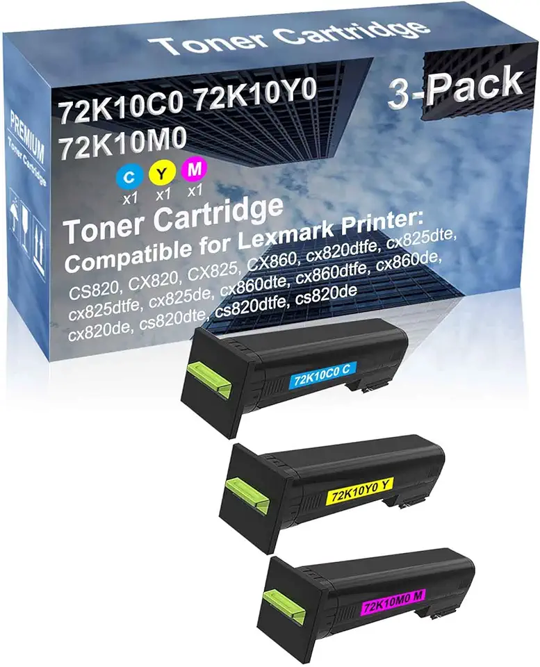 3-Pack (C+Y+M) Compatible High Yield 72K10C0+ 72K10Y0+ 72K10M0 Laser Printer Toner Cartridge Used for cx860de, cx820de, cs820dte, cs820dtfe, cs820de Printer