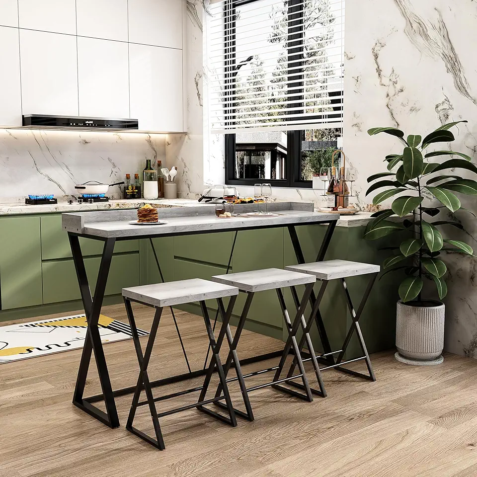 Modern Design Kitchen Dining Table, Pub Table with X-Shaped Table Legs, Long Dining Table Set with 3 Stools, Easy Assemble, Gray
