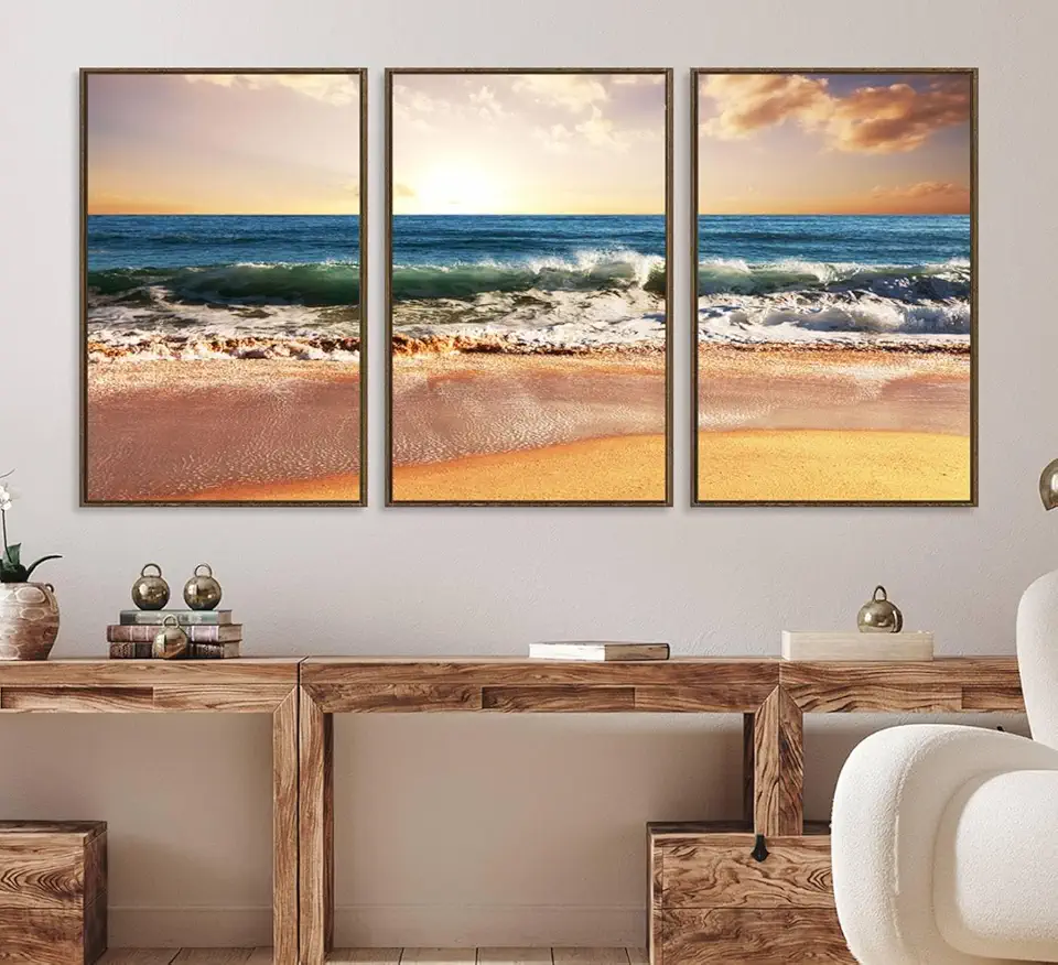Sunset Beach Wall Art - 3-Panel Framed Canvas Print, Ready to Hang Ocean Sunset for Coastal 3 Panel Floating Frame/Walnut / 90