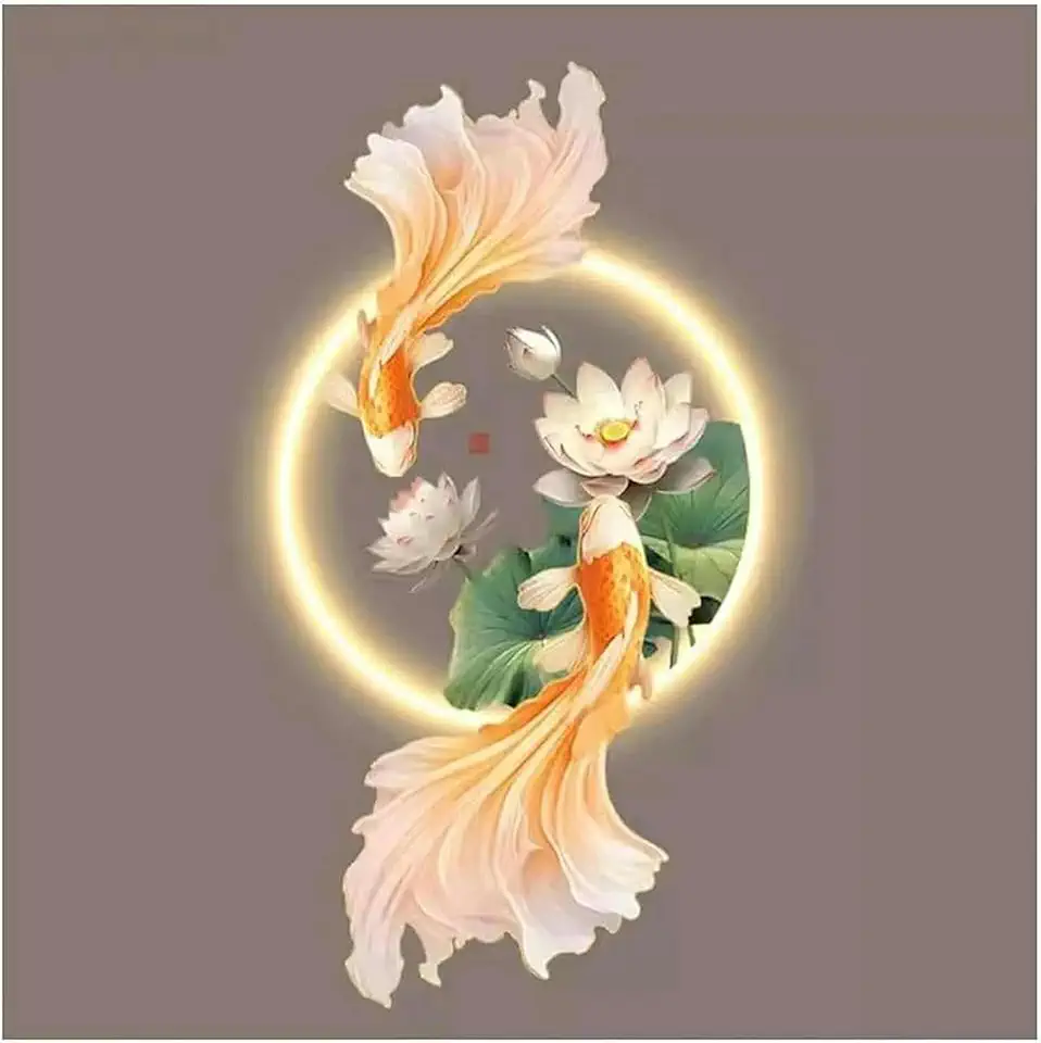 Wall Decoration with 3D Art Art Sculptures, Art for Hanging On The Wall with LED Light, Oriental Decoration, Traditional Chinese Paint for Hanging On The Wall, for Home and Office (Multi-Col