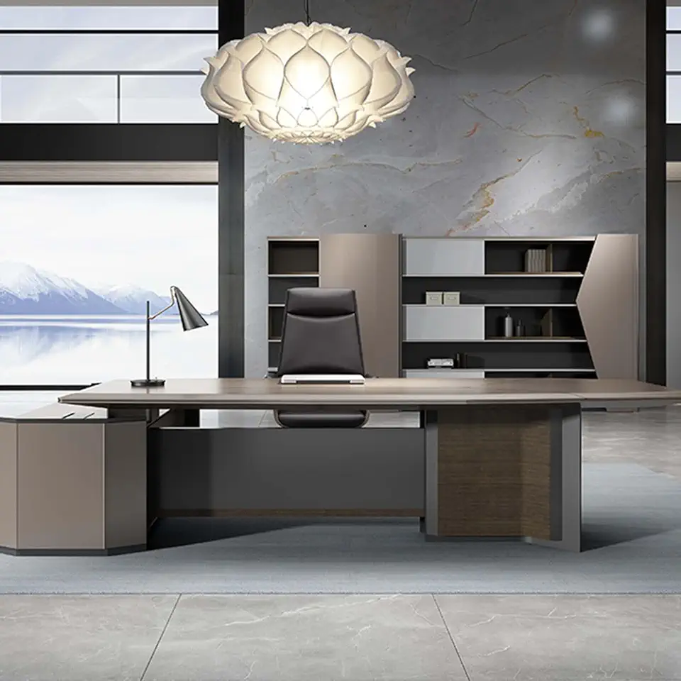 Modern Wood Executive Office Desk, Computer Desk with Drawer and Lateral File Cabinet Writing Gaming Table Business Furniture Set for CEO Boss