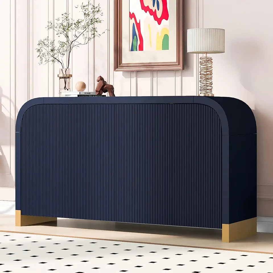 Retro 4-Door Curved Corner Sideboard with Gold Legs and Adjustable Shelves, Multifunction Wooden Accent Storage Cabinet Console Table for Entryway Living Room Dining Room (Navy Blue-3)