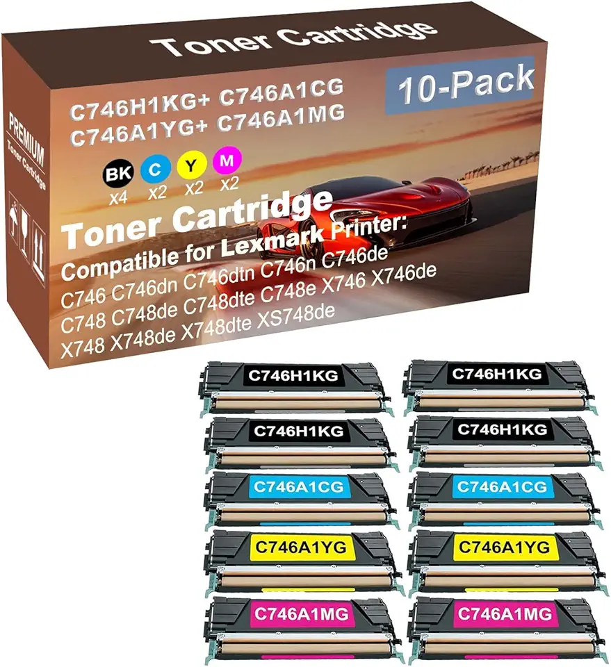 10-Pack (4BK+2C+2Y+2M) Compatible High Capacity C746H1KG+ C746A1CG+ C746A1YG+ C746A1MG Toner Cartridge Used for C746 C746dn C746dtn C746n C746de Printer