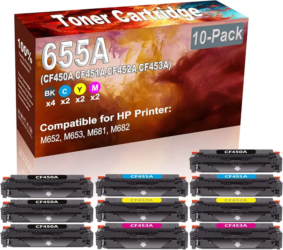 10-Pack (4BK+2C+2Y+2M) Compatible High Yield 655A (CF450A CF451A CF452A CF453A) Printer Toner Cartridge use for HP M652, M653, M681, M682 Printers