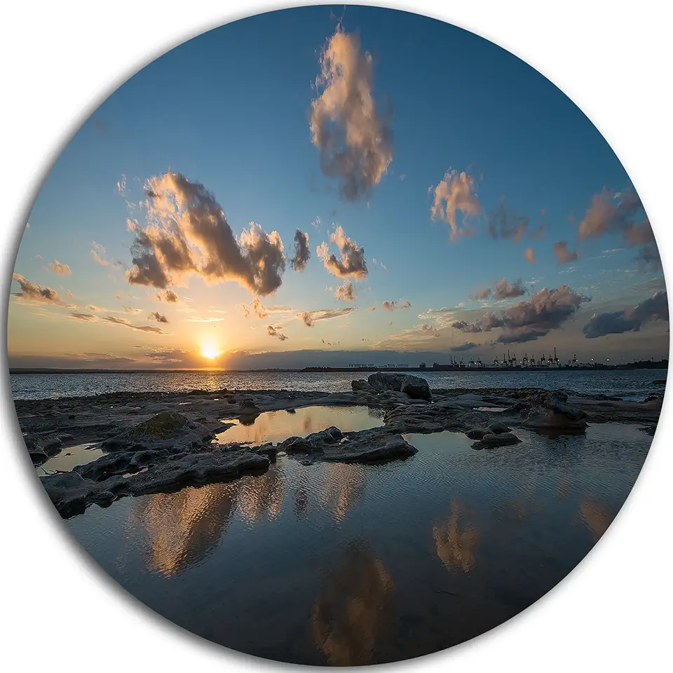 Designart Sunset at La Perhouse Beach-Seashore Circle Wall Art-Disc of 23, 23'' H x 23'' W x 1'' D 1P, Blue/White