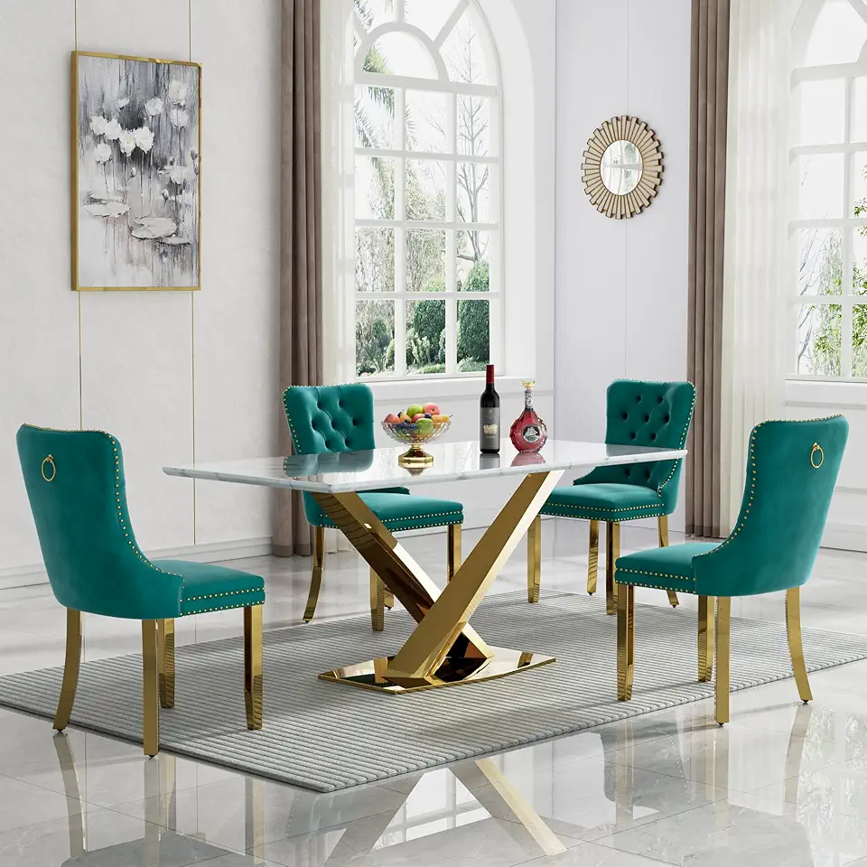Henf White Gold Dining Table Set for 4, Modern 5-Piece Faux Marble Dining Table with 4 Upholstered Chairs, 63