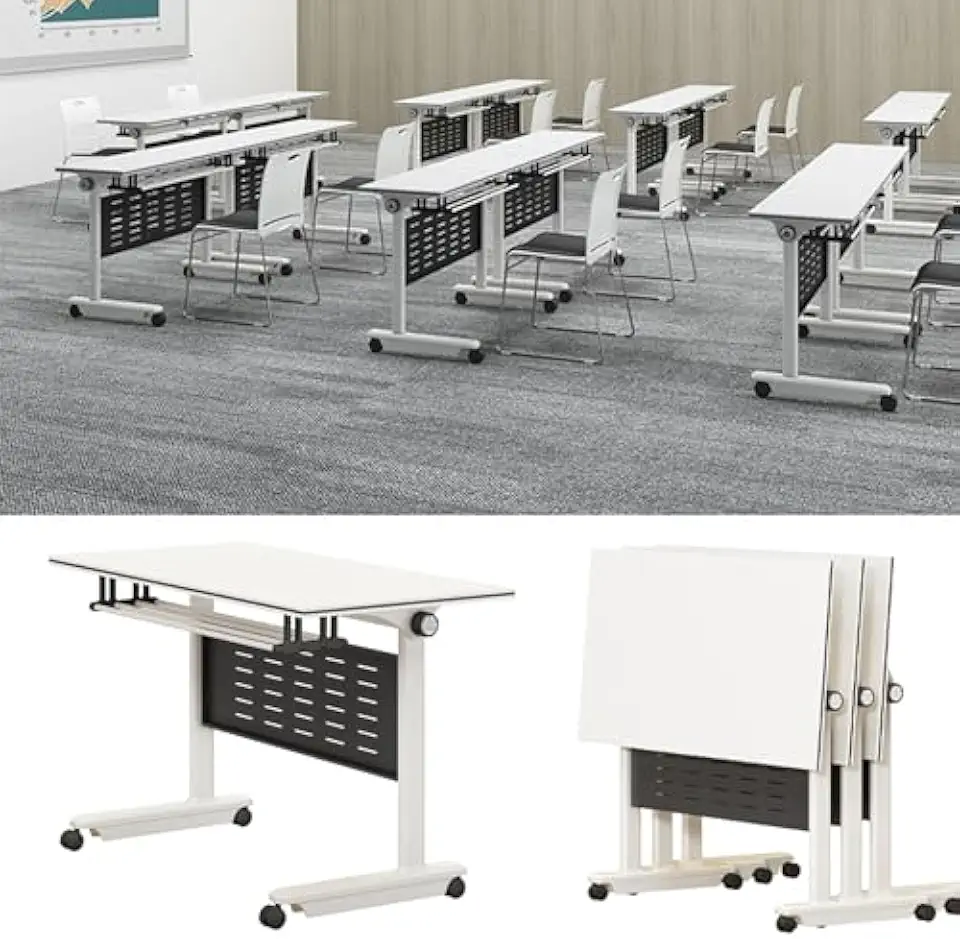 4 Pack Adjustable Folding Conference Tables - Free-Standing Flip Top Mobile Training Tables with Locking Casters & Baffle Plate - Ideal for Office, Meeting Room & Classroom Use