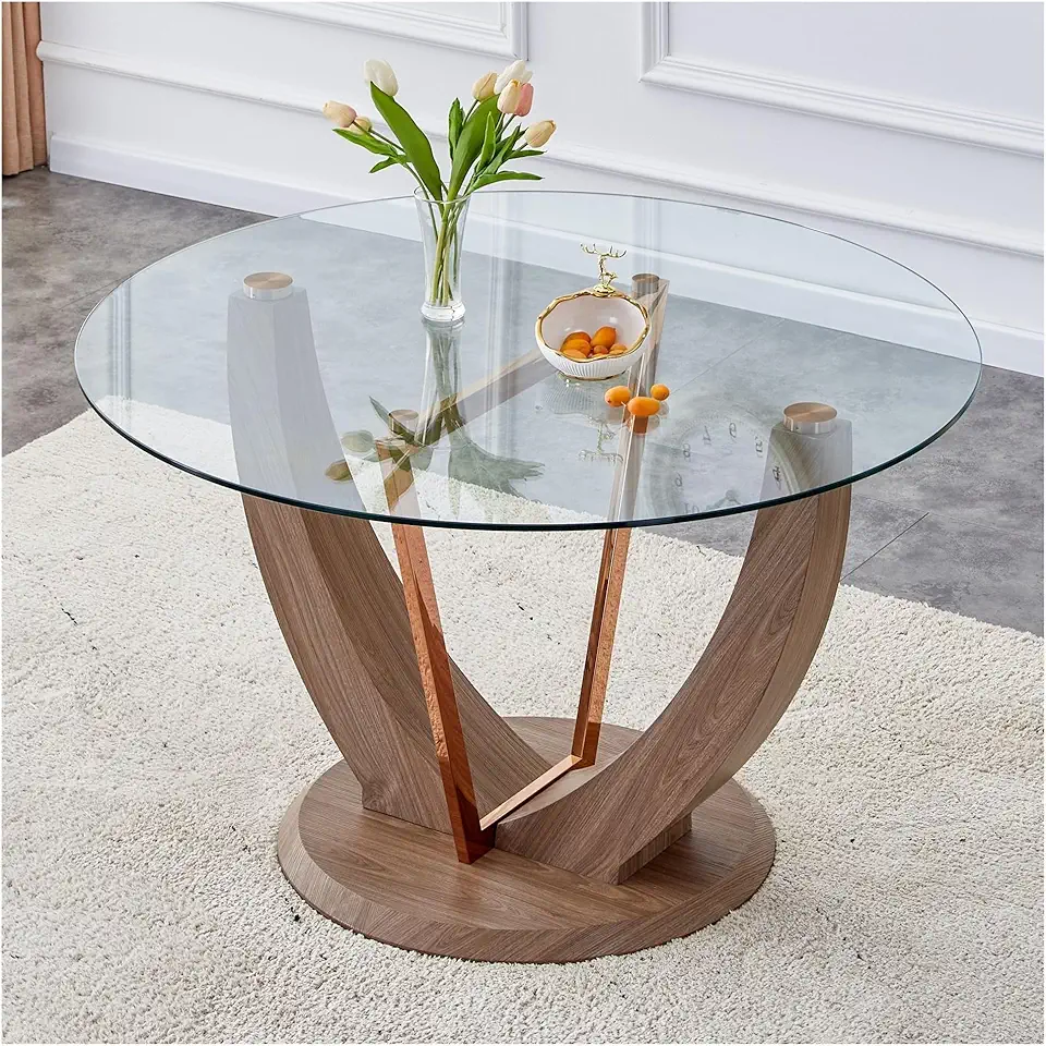 Modern Minimalist Circular Tempered Glass Dining Table with a Diameter of 48 inches Glass Desktop and MDF Texture Table Legs,Table