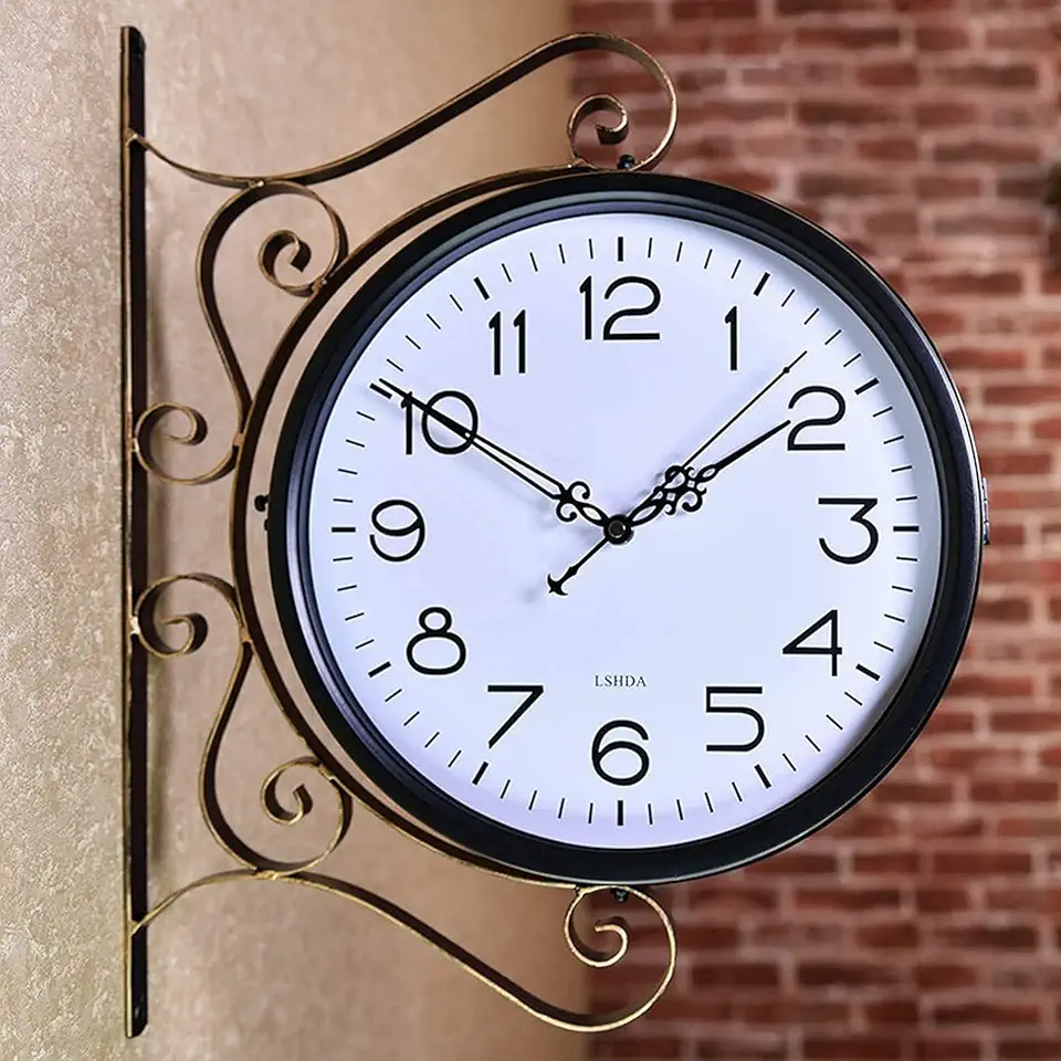 Wall Clock Wall Clock Art Clock Outdoor Garden Wall Clock, Wrought Iron Retro Double Sided Station Clock Garden Clock 360° Rotation Waterproof Outdoor Clock Decor Clock Wall Decor Clock