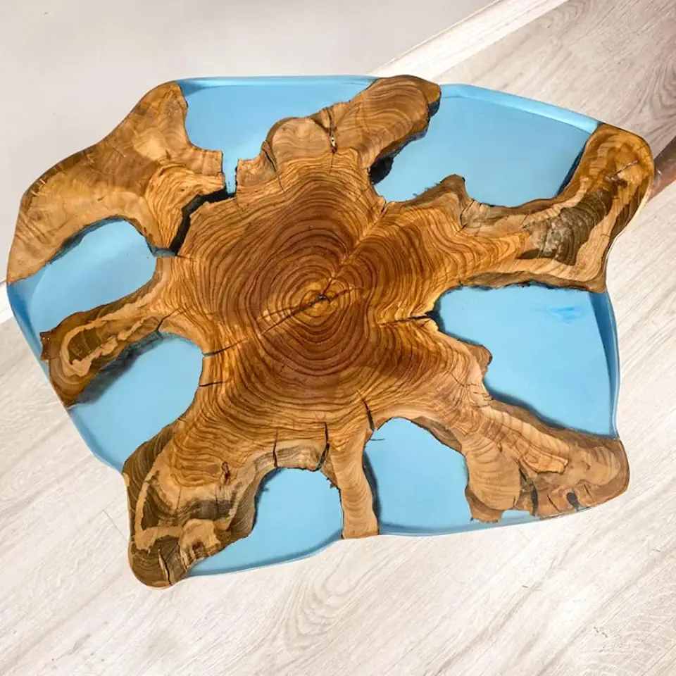 RESINHOMEFURNITURE Crystal Blue Natural Wood Slices Resin Table Coffee Table Living Room Table Dining Table Console Table Bar Counter Top Patio Table Side Table (30 Inches Tall, 66 x 66 Inches)