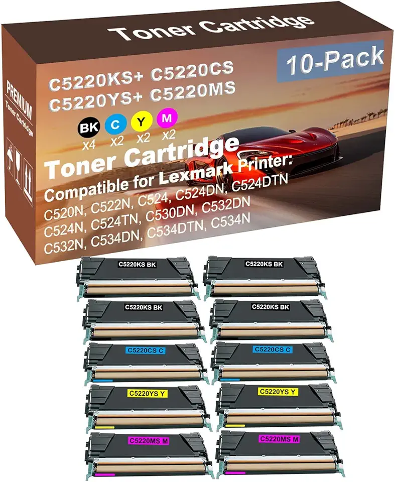 10-Pack (4BK+2C+2Y+2M) Compatible High Yield C5220KS+ C5220CS+ C5220YS+ C5220MS Laser Printer Toner Cartridge Used for C532N, C534DN, C534DTN, C534N Printer