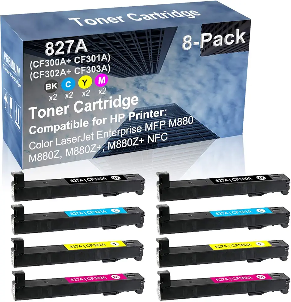8-Pack (2BK+2C+2Y+2M) Compatible High Yield 827A (CF300A+ CF301A+ CF302A+ CF303A) Laser Printer Toner Cartridge use for HP MFP M880, M880Z, M880Z+, M880Z+ NFC Printer