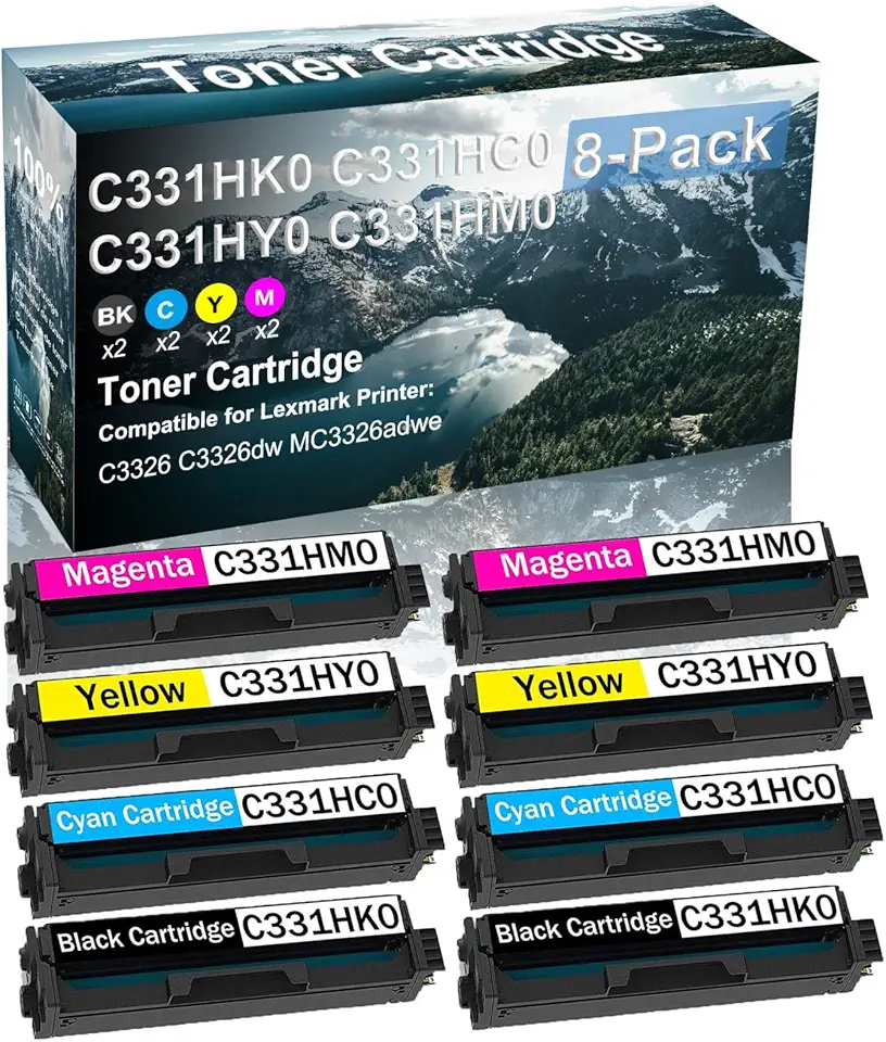 8 Pack (BK+C+Y+M) Compatible C331HK0 C331HC0 C331HY0 C331HM0 Laser Printer Toner Cartridge High Yield Use for C3326 C3326dw MC3326adwe Printer