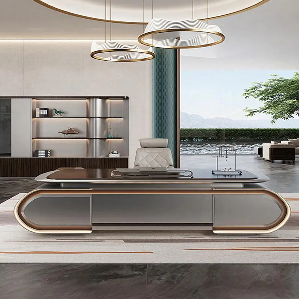 YZABEL Luxury L Shaped Solid Wood Office Desk with Lateral Cabinet, 94 inch Executive Desk with Metal Frame, Writing Table Business Furniture Set Workstation for CEO Boss Manager