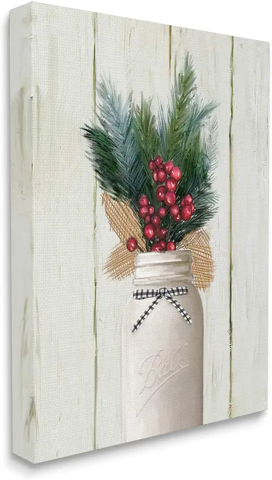 Stupell Industries Country Holiday Jar Pine Needles Christmas Berries, Design by Ziwei Li Canvas Wall Art, 30 x 40, Off- White