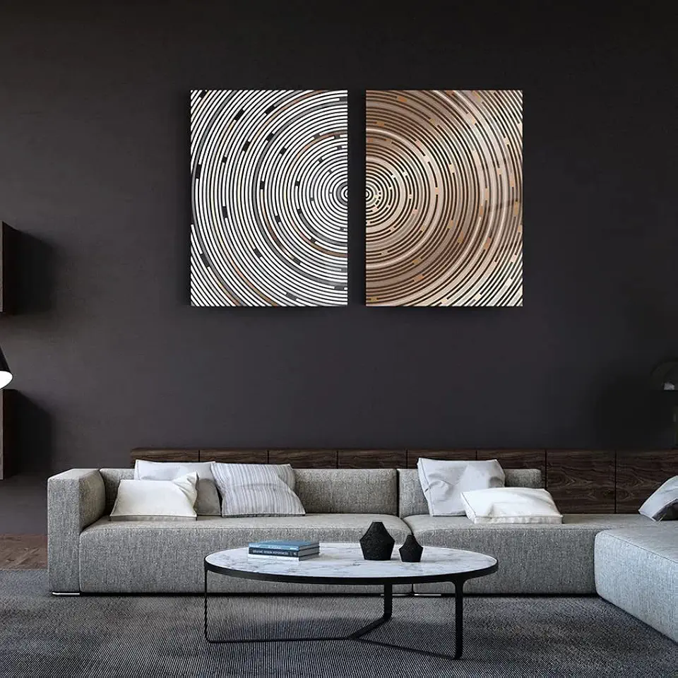 DEKADRON Brown Gray Circles Set Of 2 Wall Decor , Glass Wall Art, Frameless Free Floating Tempered Glass Panel, Living Room Decoration (27.5”W x 39.3”H – 70x100cm Each Piece)