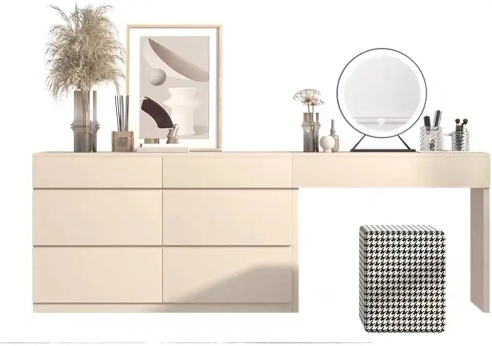 Vanity Dressing Table Set Luxury Makeup Bench with 3 Colors Led Hd Mirror,Comfortable Stool Drawers Cabinet,Modern Simple Style,for Girl's Gift (Size : 160CM) ()