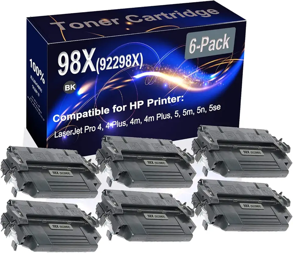 6-Pack (Black) Compatible 98X (92298X) Printer Toner Cartridge (High Capacity) fit for HP 4, 4 Plus, 4m, 4m Plus, 5, 5m Printer