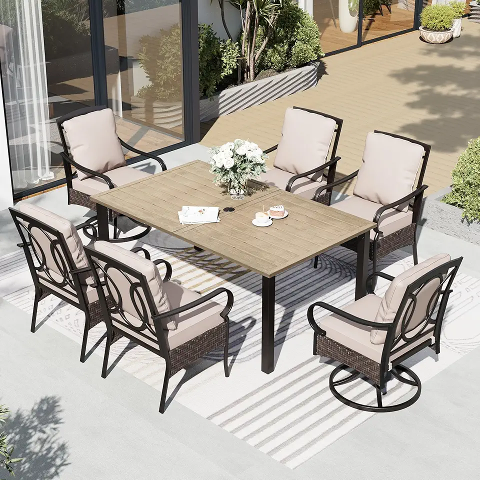 7 Piece Patio Dining Sets for 6, Outdoor Table and Chairs with Cushioned Wicker Swivel & Leg Patio Dining Chairs & Wood-Like Dining Table, Outdoor Dining Sets for Lawn Garden Backyard