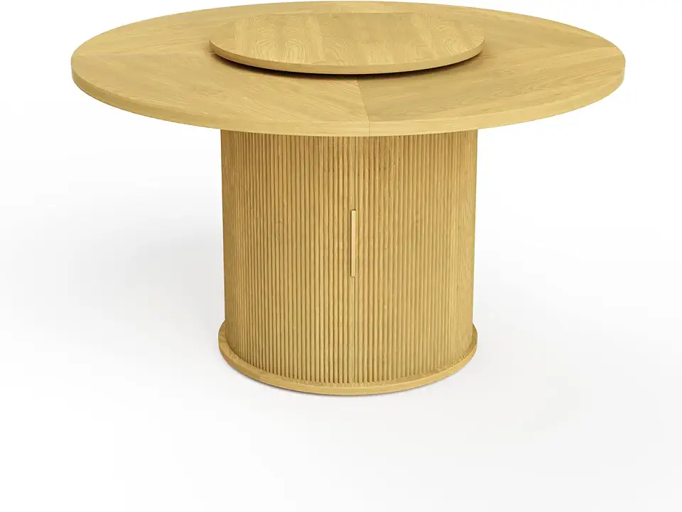 55 Inch Round Dining Table for 6 with Rotating Tray & Double Storage Rack, Wooden Wave Design Sliding Door, Multi-Functional Table for Small Space, Kitchen, Dining Room, Apartment (Natural)