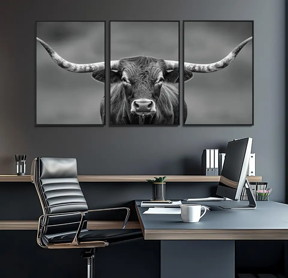 Framed Texas Longhorn Bull Art Canvas Print, Western Bull Wall Art Print, Long Horn Bull Photo 3 Panel Floating Frame/Black / 90
