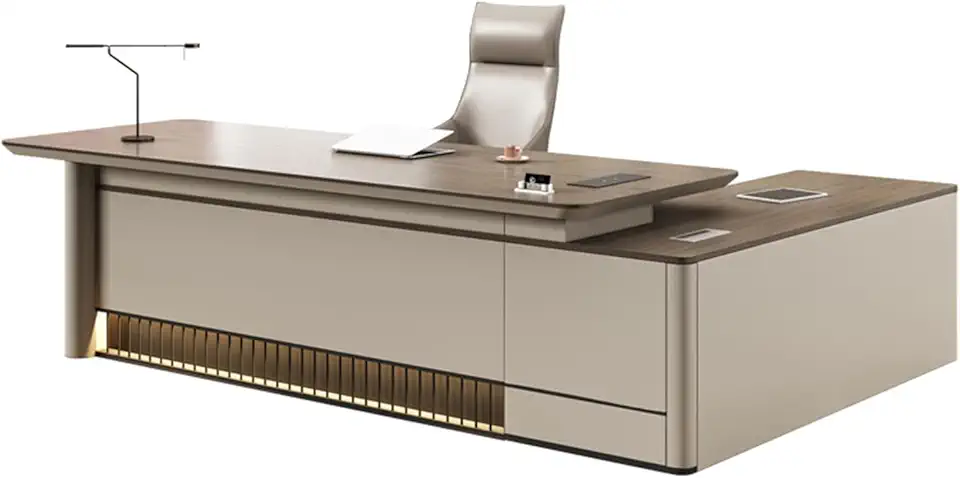 Modern Light Luxury Office Desk with Thickened Frame and Board Mid Century Modern Writing Study Desk with LED Lights & Power Outlets