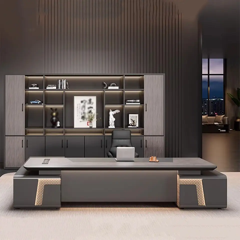 Modern Executive Desk, L-Shaped Computer Desk for CEO Boss Manager with Light Strip Wood Study Writing Desk Workstation Business Furniture Set Workstation for Home Office