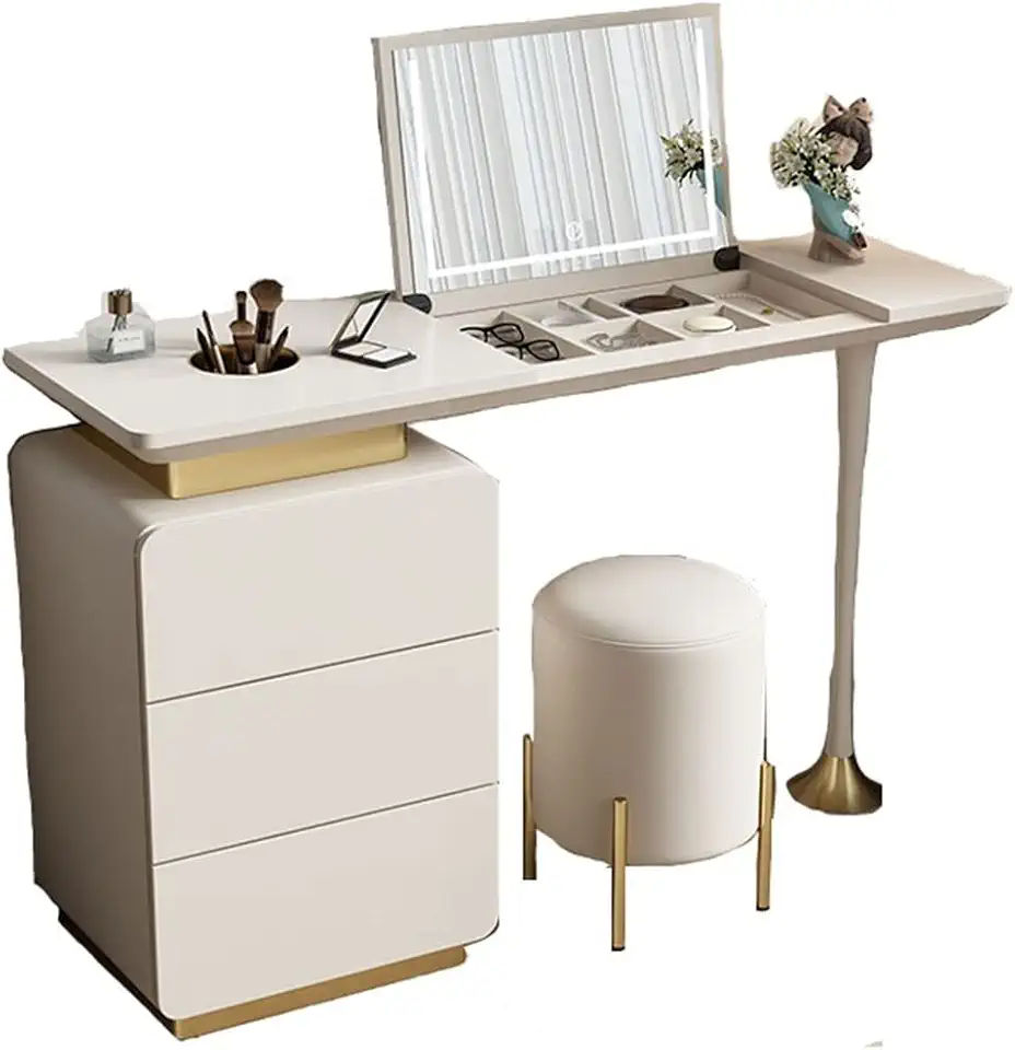 Modern Dressing Desk - Makeup Table with LED Lights Mirror and 3 Drawers for Women Girls,Dressing Table Storage Cabinet for Bedroom Bathroom,Easy to Assemble (White 160cm)