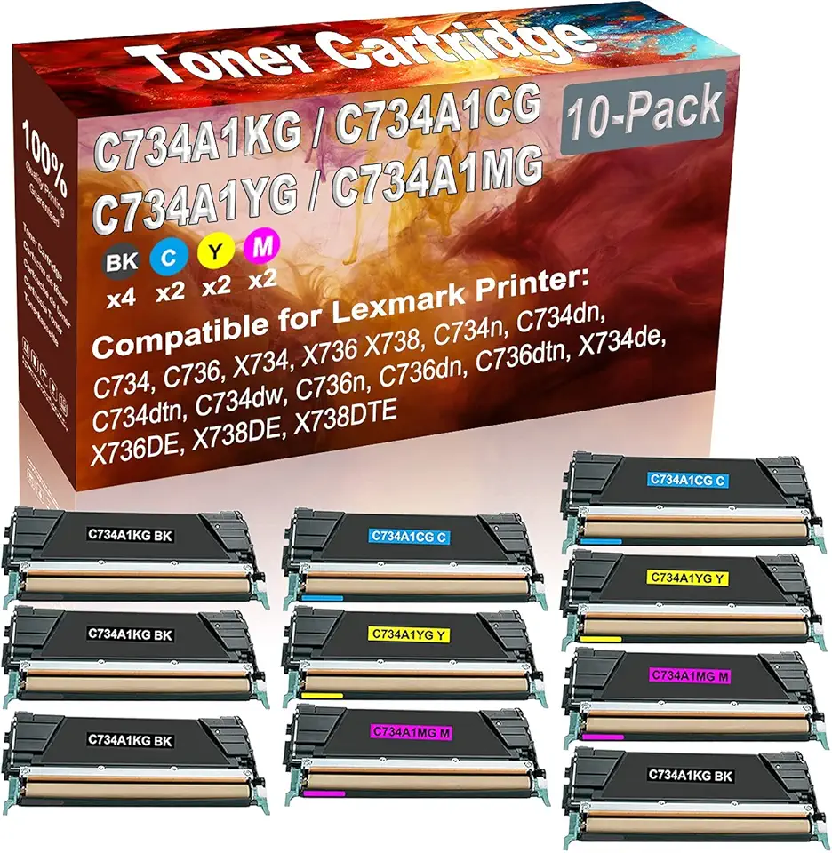 10-Pack (4BK+2C+2Y+2M) Compatible C734 C736 X734 X736 X738 C734n Laser Printer Toner Cartridge (High Capacity) Replacement for C734A1KG C734A1CG C734A1YG C734A1MG Printer Toner Cartridge