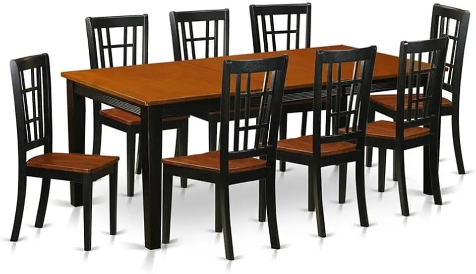 9 Piece Dining Room Set for 8 People, Wooden Self Storage Butterfly Leaf Mid Century Extendable Rectangle Dining Table and 8 Wooden Seat Dining Chairs for Kitchen Dining Room, in Black and Cherry