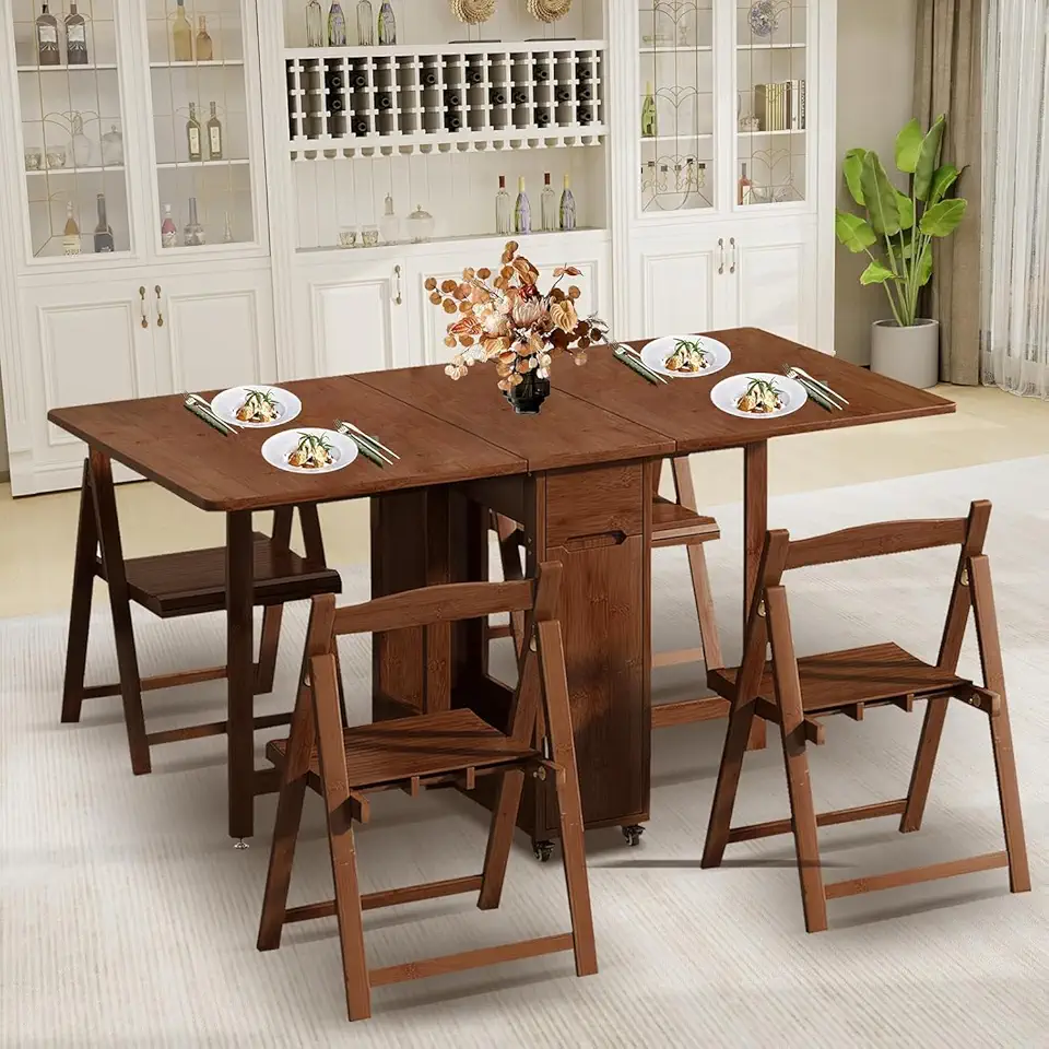 Folding Dining Table Set with 4 Chairs Drop Leaf Table Foldable Dinette for Small Spaces Dining Room Kitchen No Assembly Required (Brown)