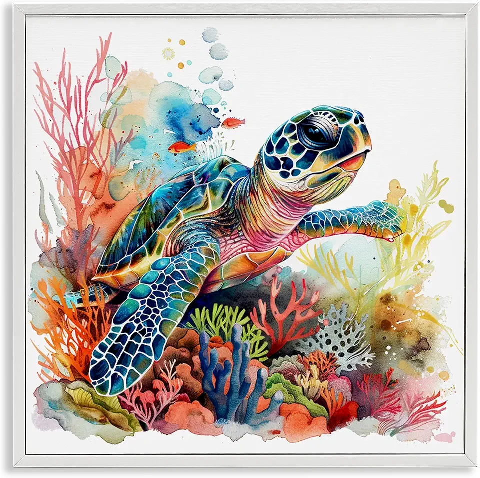 Stupell Industries Swimming Turtle Undersea White Framed Giclee Wall Art Design by LSR Design Studio, 24 x 24