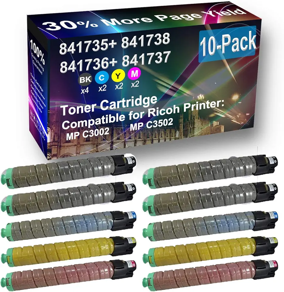 10-Pack (4BK+2C+2Y+2M) Compatible High Yield 841735 841738 841736 841737 Laser Printer Toner Cartridge Used for Ricoh MP C3002 MP C3502 Printer