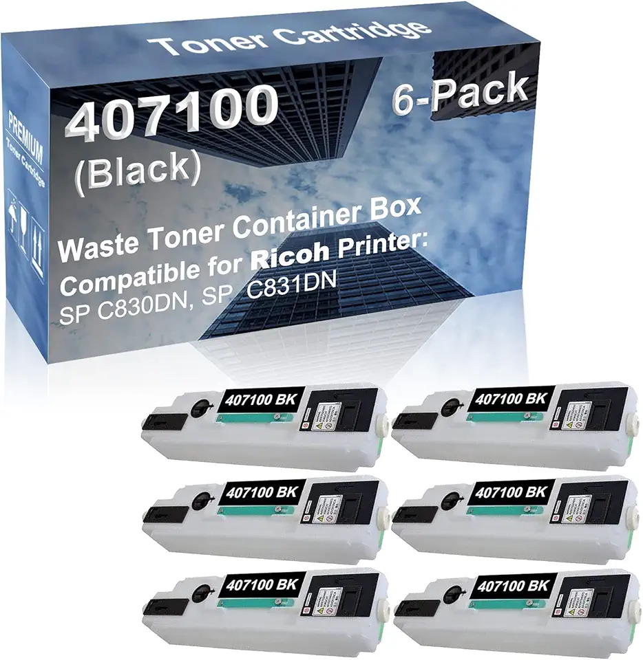 6-Pack Compatible High Capacity 407100 Waste Toner Container Box use for Ricoh SP C830DN, SP C831DN Printer (Black)