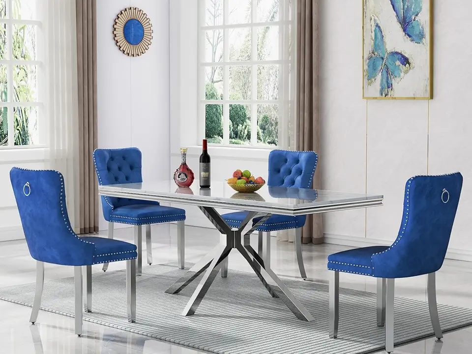 Henf Modern Faux Marble Dining Table Set for 4, 5 Piece White Silver Kitchen Table with Blue Velvet Chairs, 70