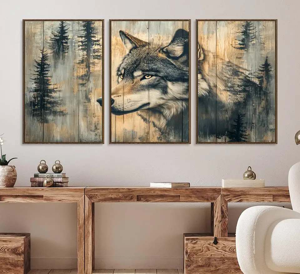 Wood Style Rustic Wolf Wall Art Canvas Print, Vintage Woodland Wolf Wall Art, Framed Wood Style Wolf Wall Art 3 Panel Floating Frame/Walnut / 90