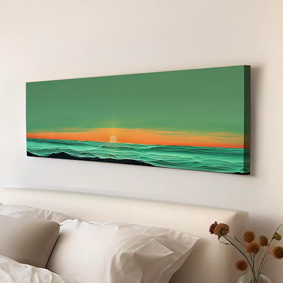 My Sweet Hideout Sunset Over The Ocean Above Bed Wall Art Modern Abstract, Panoramic Sage Green Canvas Print, Seascape Long Horizontal Canvas Art 30x90