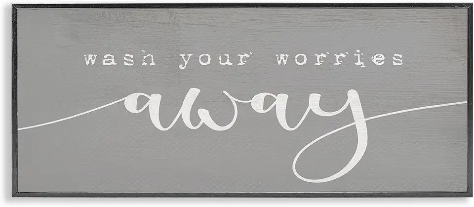Stupell Industries Wash Your Worries Away Phrase Bathroom Relaxation, Designed by Daphne Polselli Black Framed Wall Art, 13 x 30, Grey