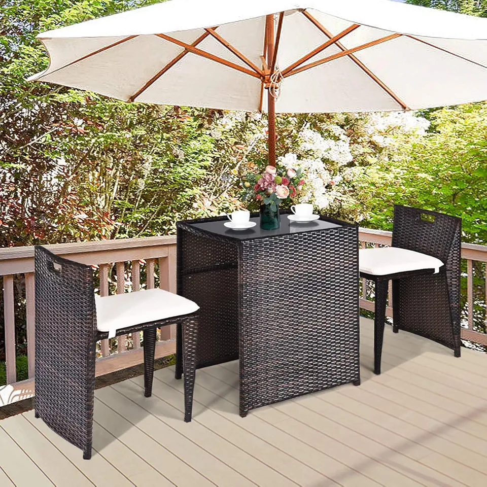 3-Piece Wicker Bistro Set, Patio Conversation Set Includes Tempered Glass Table & 2 Chairs w/Cushions, Outdoor Rattan Dining Table & Chairs Set for Balcony Porch Yard Poolside Garden