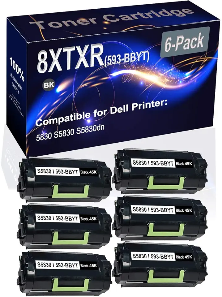6-Pack (Black) Compatible 8XTXR (593-BBYT) Printer Toner Cartridge (High Capacity) fit for Dell 5830 S5830 S5830dn Printer
