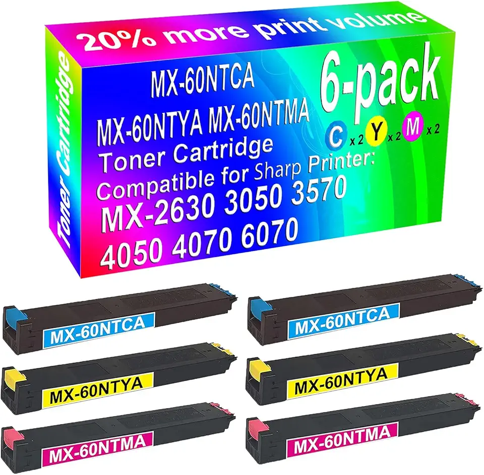 6-Pack (2C+2Y+2M) Compatible High Yield MX-60NT (2X MX-60NTCA 2X MX-60NTYA 2X MX-60NTMA) Printer Toner Cartridge Replacement use for Sharp MX-2630 MX-3050 MX-3570 MX-4050 Printer