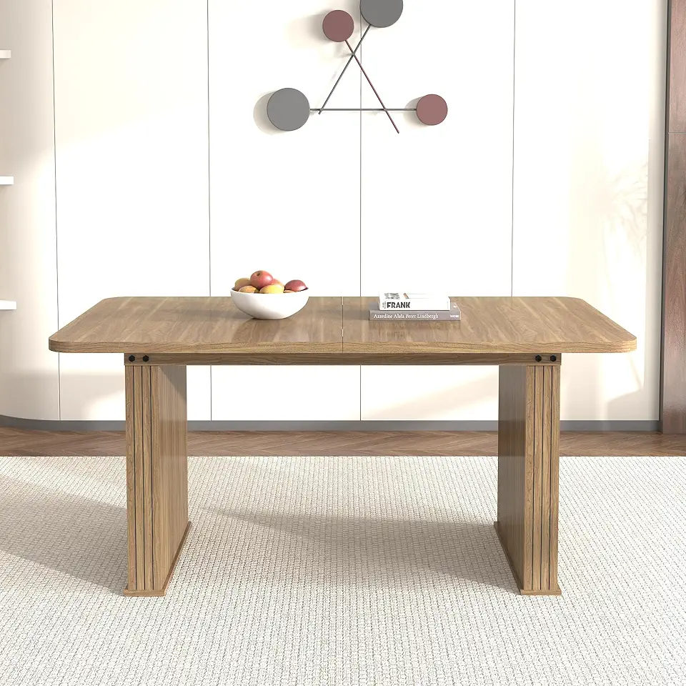78.74 Inch Modern Rectangle Dining Table,Fluted Wooden Kitchen Table for 6-10 People,Farmhouse Dining Room Table with Wood Strip Base for Kitchen,Living Space