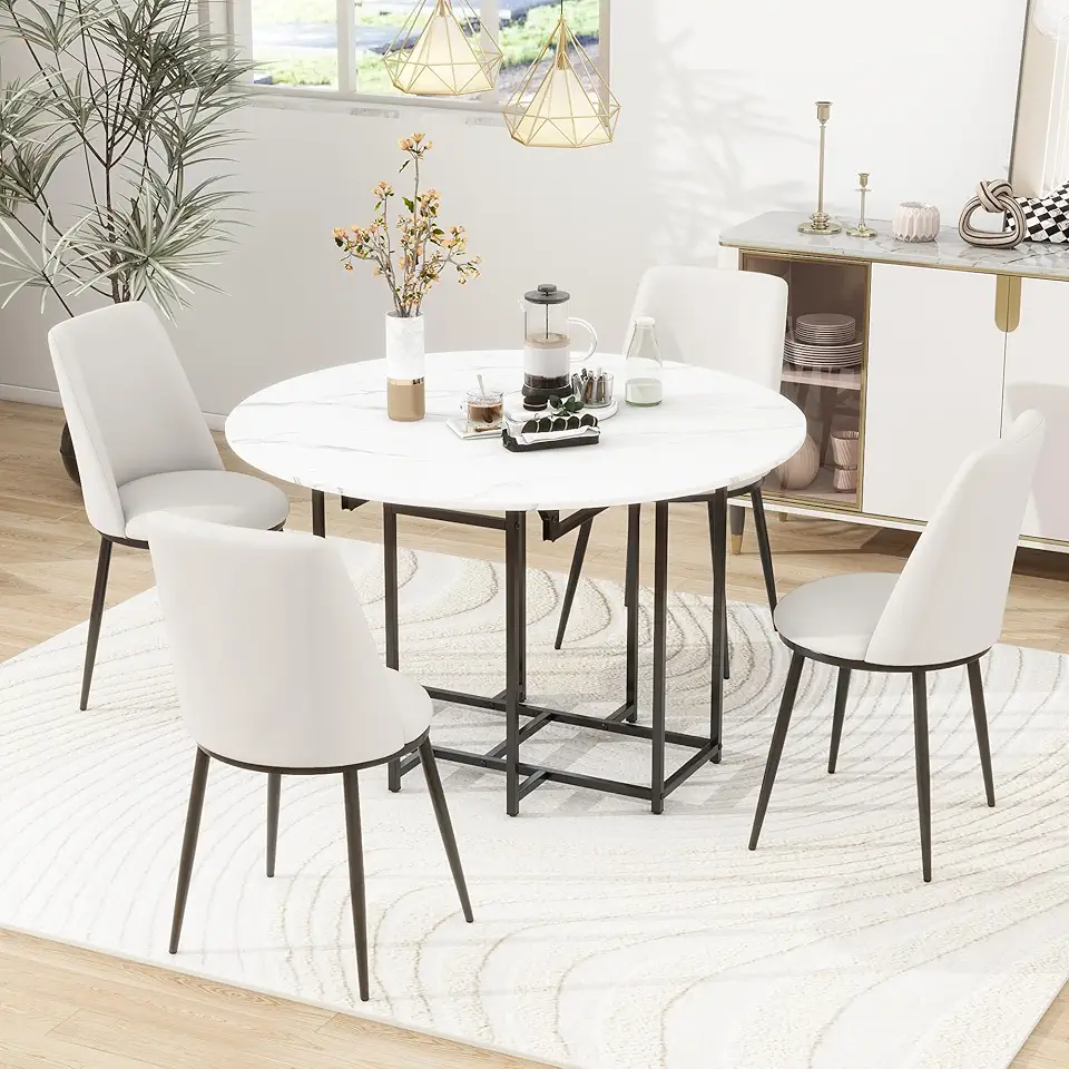 Modern 5-Piece Extendable Kitchen Dining Table Set- Round Drop Leaf Dining Table, Faux Marble Top, Golden Frame, 4 Upholstered Chairs, Compact Foldable Space-Saving Design (White+Beige)