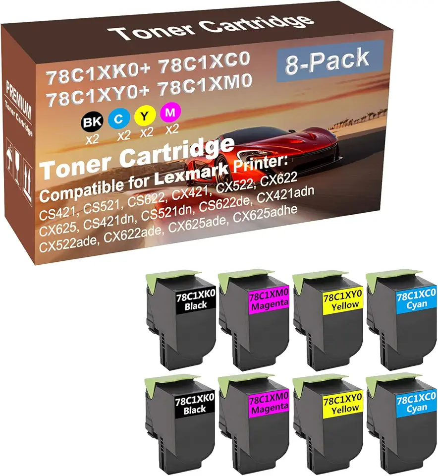 8-Pack (2BK+2C+2Y+2M) Compatible High Capacity 78C1XK0+ 78C1XC0+ 78C1XY0+ 78C1XM0 Toner Cartridge Used for CS421, CS521, CS622, CX421, CX522 Printer