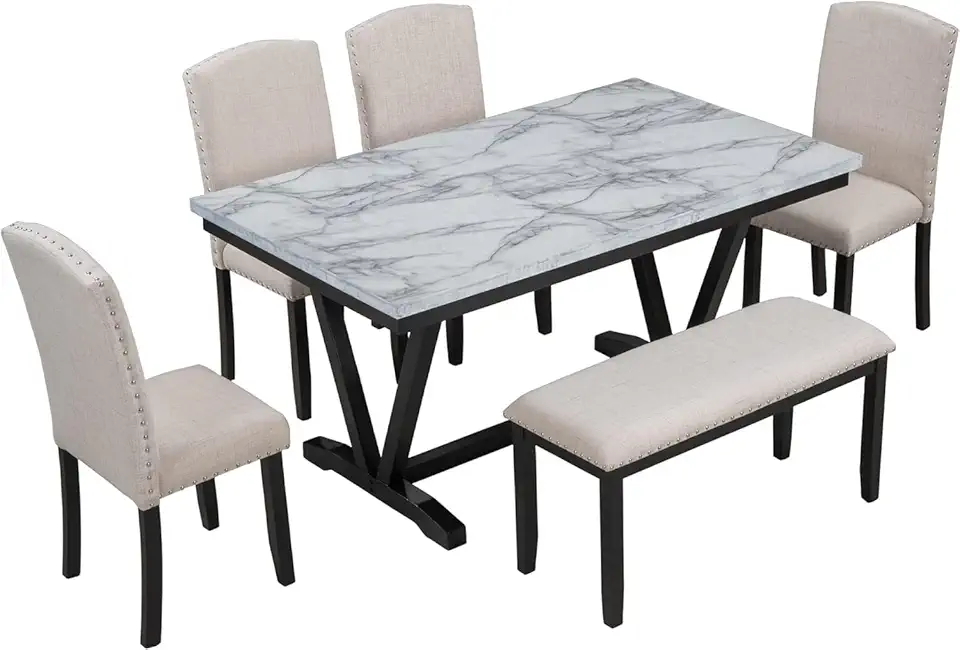 6 Piece Rectangular Dining Table Set, Marbled Veneers Kitchen Table with 4 Upholstered Chairs and 1 Bench Compatible with 6 Person, Mid Century Modern Style