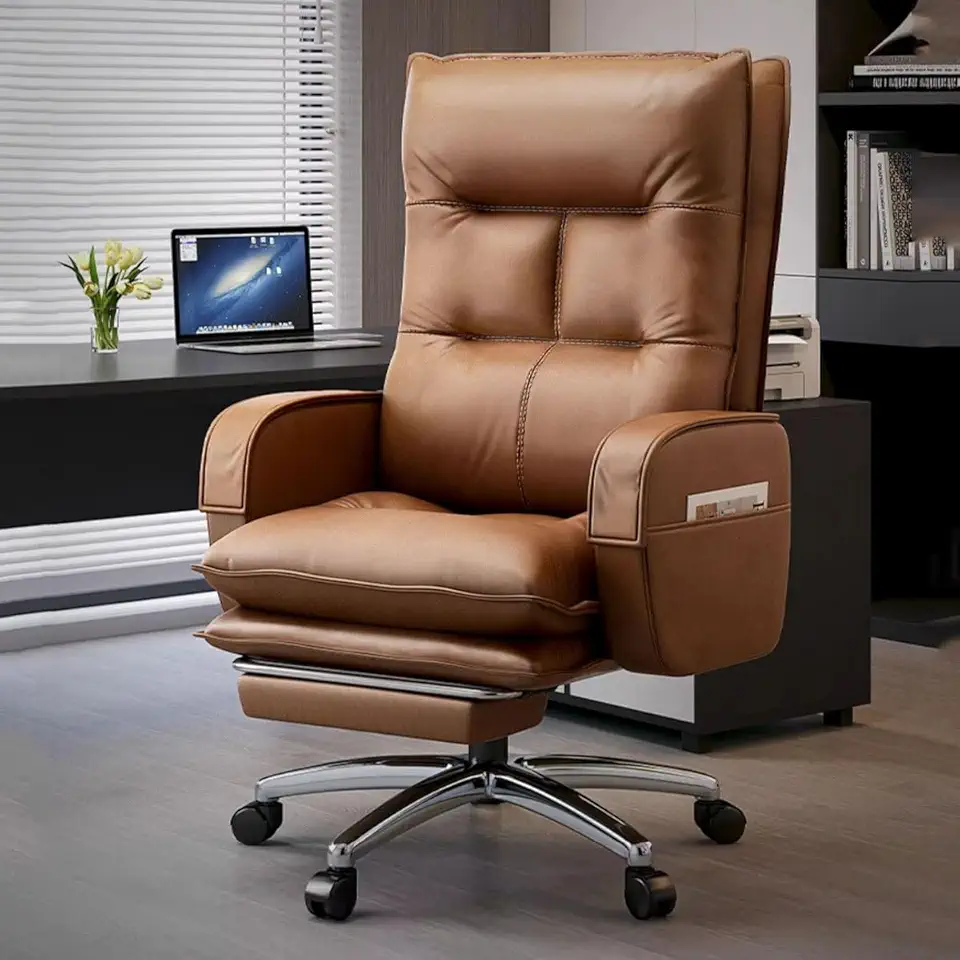 High Back Swivel Leather Massage Computer Desk with Footrest and Padded Armrests (1)