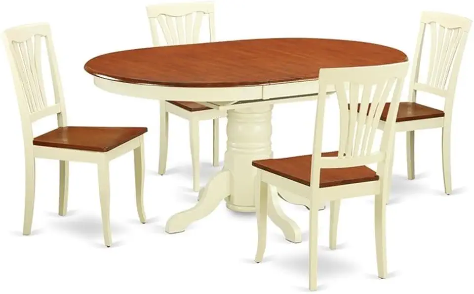 Pemberly Row 5-Piece Solid Wood Oval Dining Set with Built-in Self-Storage Expansion Leaf and 4 Chairs in Buttermilk/Cherry